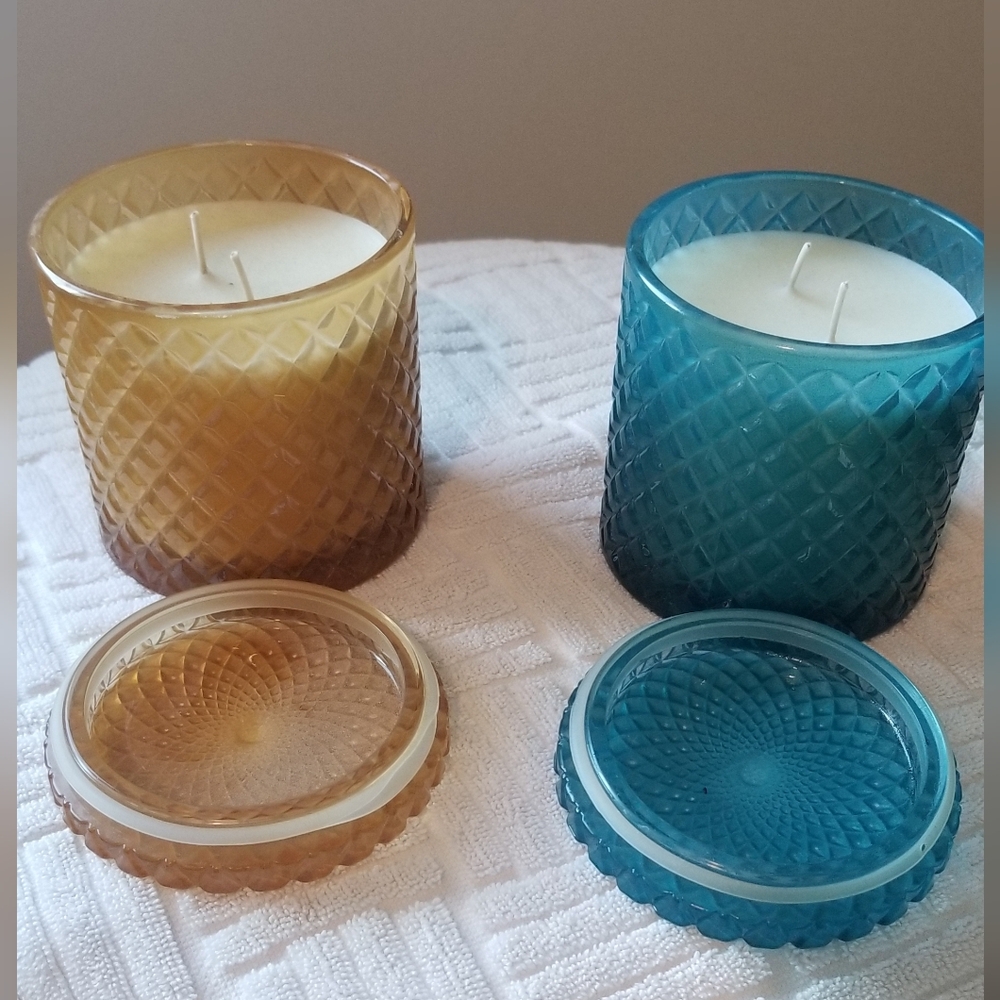 Sea And Sand Scented Elegant Glass Candle Set - Amber and Teal